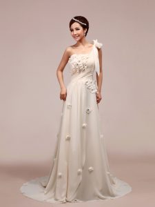 Extravagant One Shoulder Sleeveless Wedding Dress With Brush Train Ruching and Hand Made Flower White Chiffon