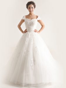 Cap Sleeves Brush Train Lace and Appliques Lace Up Wedding Gown