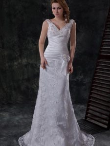 V-neck Sleeveless Wedding Dresses Brush Train Beading and Lace and Appliques and Ruching and Bowknot White Lace