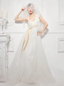 Excellent White Lace Up Wedding Dresses Lace and Appliques and Belt and Hand Made Flower Sleeveless Floor Length