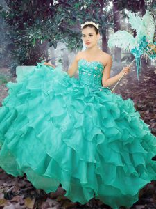 Decent Sweetheart Sleeveless Sweet 16 Dresses Floor Length Beading and Ruffled Layers Turquoise Organza