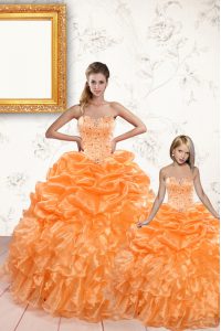 Custom Design Sleeveless Floor Length Beading and Ruffles and Pick Ups Lace Up Quinceanera Dresses with Orange