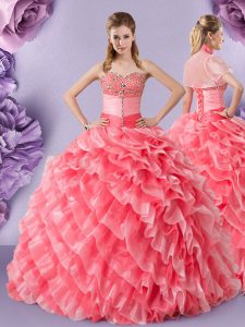 Sleeveless Floor Length Lace Lace Up Quince Ball Gowns with Watermelon Red