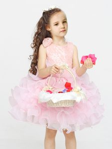 Pink Zipper Scoop Lace and Ruffles Flower Girl Dress Organza Sleeveless