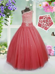 Watermelon Red Tulle Side Zipper Asymmetric Sleeveless Floor Length Kids Pageant Dress Beading