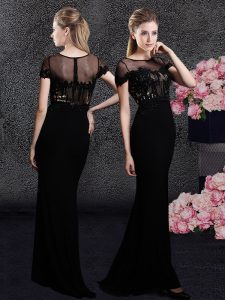 Latest Black Column/Sheath Elastic Woven Satin Scoop Short Sleeves Appliques and Sequins With Train Zipper Dress for Pro