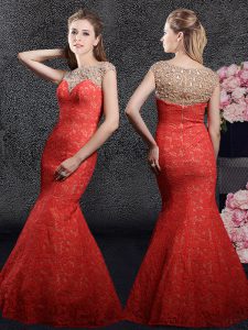Mermaid Red Bateau Neckline Beading and Lace Prom Dress Cap Sleeves Zipper