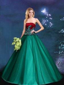 Most Popular Sleeveless Floor Length Appliques Lace Up Quinceanera Gown with Dark Green