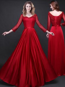 Wine Red Long Sleeves Elastic Woven Satin Lace Up Evening Dresses for Prom