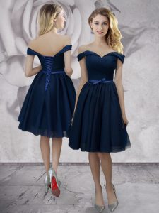 Navy Blue Empire Off The Shoulder Sleeveless Chiffon Knee Length Lace Up Bowknot Cocktail Dresses