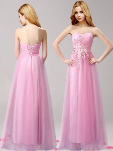 Modest Floor Length Rose Pink Runway Inspired Dress Tulle Sleeveless Beading and Appliques