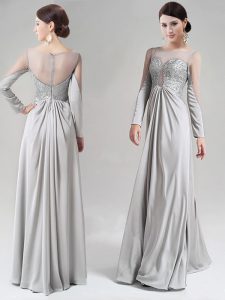 Free and Easy Silver Scoop Zipper Beading and Lace Prom Dress Long Sleeves