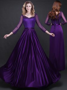 Purple Lace Up Appliques and Belt Cocktail Dress Long Sleeves
