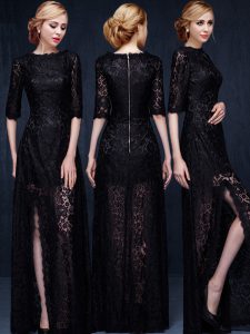 Black Empire Scoop Half Sleeves Lace Floor Length Zipper Lace Evening Gowns