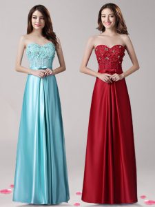 Sumptuous Aqua Blue Elastic Woven Satin Zipper Sweetheart Sleeveless Floor Length Prom Evening Gown Beading and Applique