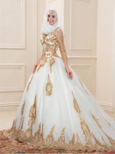 White 3 4 Length Sleeve Sweep Train Appliques Ball Gown Prom Dress