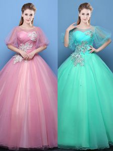 Pink and Turquoise Sweet 16 Quinceanera Dress Military Ball and Sweet 16 and Quinceanera and For with Appliques Scoop Ha