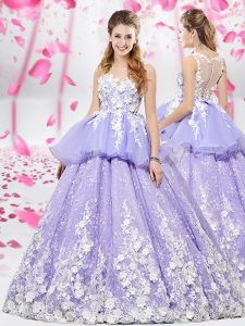 Scoop Lavender Ball Gowns Appliques 15 Quinceanera Dress Lace Up Organza and Tulle Sleeveless Floor Length