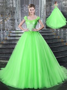 Attractive Straps Ball Gowns Beading and Appliques Ball Gown Prom Dress Lace Up Tulle Sleeveless With Train