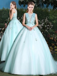 Sweet Scoop Light Blue Sleeveless Beading and Appliques Lace Up Quinceanera Gown