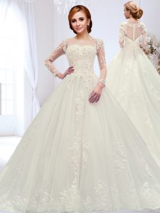 Spectacular Scoop Beading and Appliques Wedding Dresses White Zipper Long Sleeves With Train Court Train