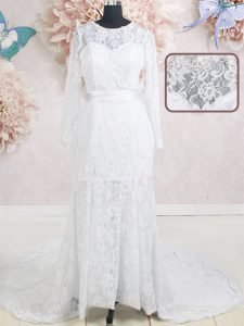 White Empire Scoop Long Sleeves Lace With Brush Train Zipper Beading and Belt Wedding Gown