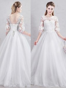 Elegant Tulle Scoop Half Sleeves Lace Up Lace and Appliques Wedding Gowns in White