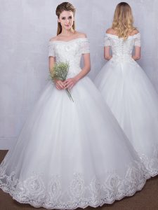 Spectacular Off the Shoulder White Ball Gowns Lace Wedding Gown Lace Up Tulle Short Sleeves Floor Length
