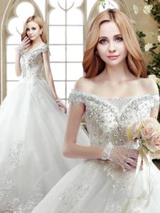 Off the Shoulder White Sleeveless Court Train Beading and Lace With Train Bridal Gown