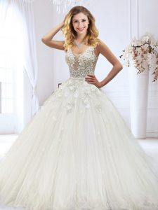 Scoop White Zipper Wedding Dresses Beading and Lace and Appliques Sleeveless Floor Length
