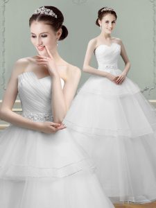 Dynamic Sweetheart Sleeveless Tulle Wedding Dress Beading and Ruching Lace Up