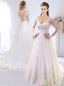 Elegant White A-line V-neck Long Sleeves Tulle With Brush Train Backless Lace and Appliques Wedding Dress