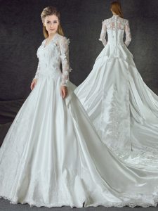 Long Sleeves Satin With Train Chapel Train Zipper Wedding Gowns in White with Lace and Appliques