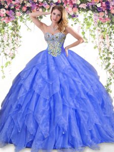 Dramatic Blue Sweetheart Neckline Beading and Ruffles 15 Quinceanera Dress Sleeveless Lace Up