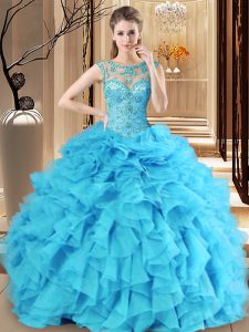 Scoop Sleeveless Floor Length Beading and Ruffles Lace Up Quince Ball Gowns with Baby Blue