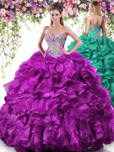 Hot Sale Purple Sleeveless Floor Length Beading and Ruffles Lace Up Quinceanera Dress