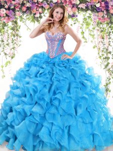 Baby Blue Ball Gowns Sweetheart Sleeveless Organza Sweep Train Lace Up Beading and Ruffles 15th Birthday Dress