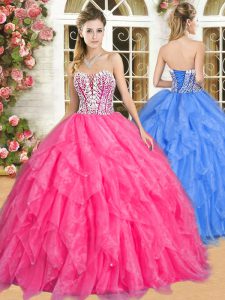 Nice Hot Pink Sweetheart Neckline Beading and Ruffles Quinceanera Gowns Sleeveless Lace Up