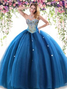 Blue Sleeveless Beading Floor Length 15th Birthday Dress