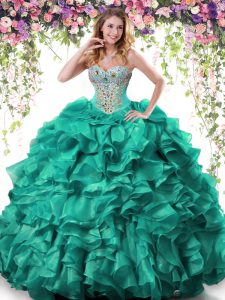 Shining Sleeveless Organza Floor Length Lace Up Quinceanera Dresses in Turquoise with Beading and Ruffles