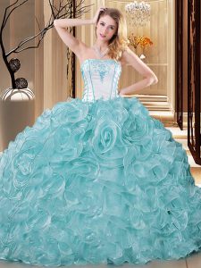 Glittering Sleeveless Organza Floor Length Lace Up Quinceanera Gowns in Blue And White with Embroidery and Ruffles