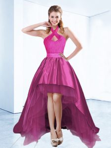 Colorful Ball Gowns Pageant Dress for Teens Fuchsia Halter Top Satin Sleeveless High Low Zipper