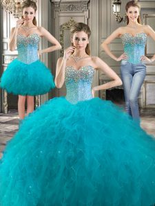 Three Piece Aqua Blue Sleeveless Floor Length Beading and Ruffles Lace Up Quinceanera Dress