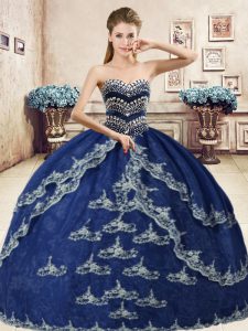 Navy Blue Ball Gowns Beading and Appliques Quinceanera Gown Lace Up Organza Sleeveless Floor Length