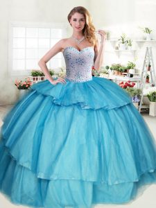 Aqua Blue Quinceanera Dresses Military Ball and Sweet 16 and Quinceanera and For with Beading and Ruffled Layers Sweethe