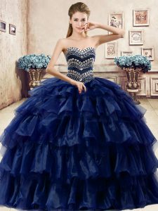 Adorable Ruffled Floor Length Ball Gowns Sleeveless Navy Blue Sweet 16 Quinceanera Dress Lace Up