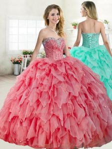 Sleeveless Floor Length Beading Lace Up Sweet 16 Dresses with Watermelon Red and Coral Red