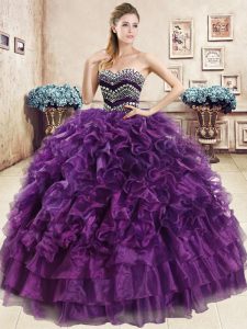 Low Price Sleeveless Beading and Ruffles Lace Up Quince Ball Gowns