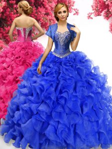 Flirting With Train Royal Blue Quinceanera Gown Sweetheart Sleeveless Sweep Train Lace Up