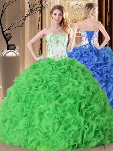 Excellent Strapless Sleeveless Quinceanera Gowns Floor Length Embroidery and Ruffles Fabric With Rolling Flowers